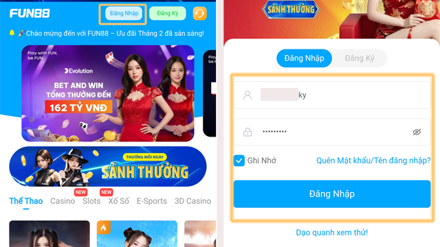 hướng dẫn đăng nhập fun88 trên điện thoại