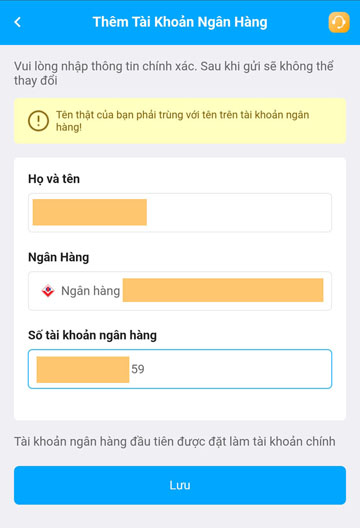 Cập nhật thông tin tài khoản ngân hàng: tên chủ sở hữu, tên ngân hàng, số tài khoản ngân hàng. Lưu ý tên chủ tài khoản ngân hàng phải giống với tên đăng ký tài khoản Fun88. Chọn nút "Lưu".